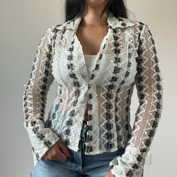 Kenar Mesh embellished top button down long‎ sleeve artsy - Picture 2 of 10